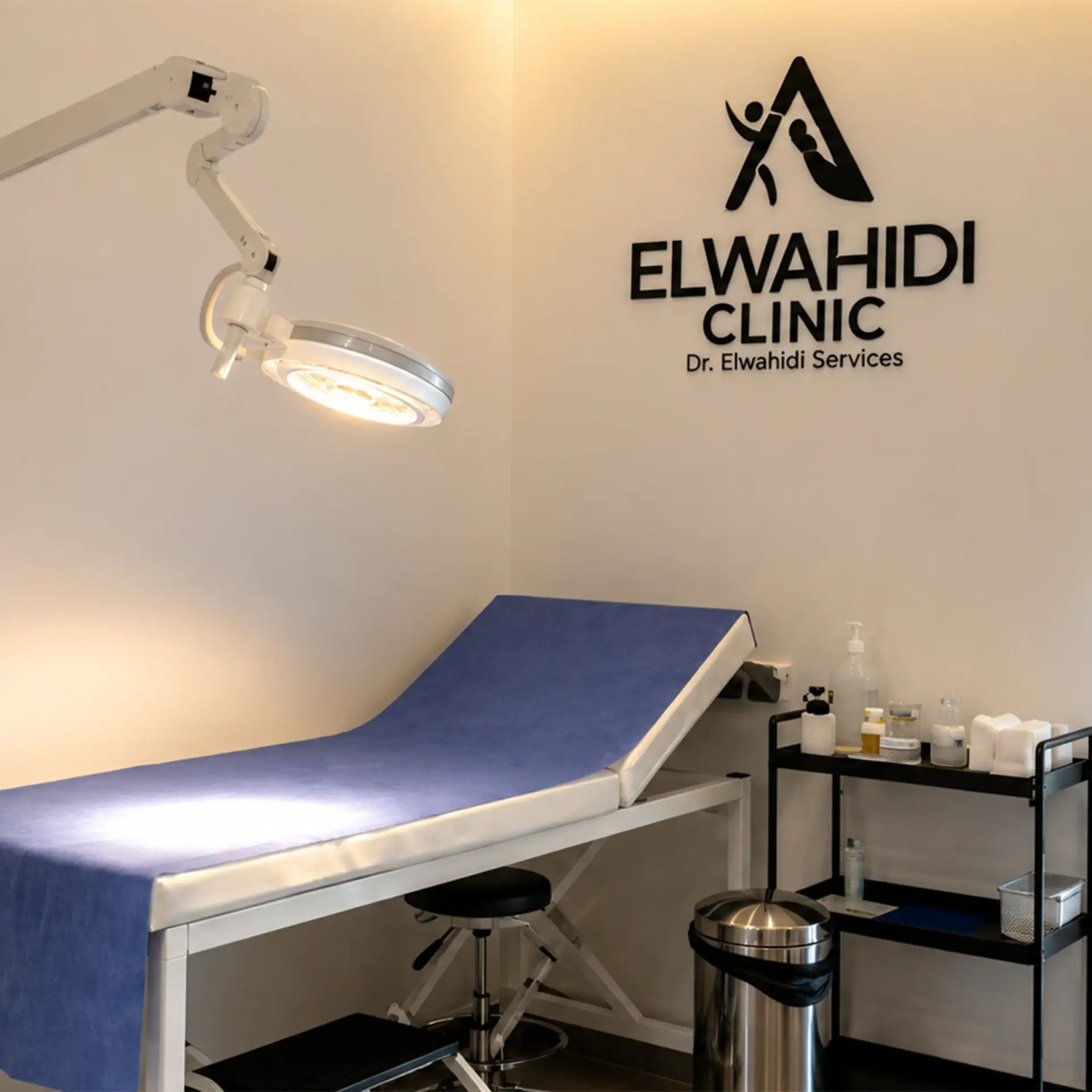 غرفة فحص طبي حديثة تحتوي على سرير فحص أزرق، إضاءة طبية موجهة، وعربة أدوات طبية معقمة، ويظهر على الحائط شعار عيادة الوحيدي (Elwahidi Clinic).